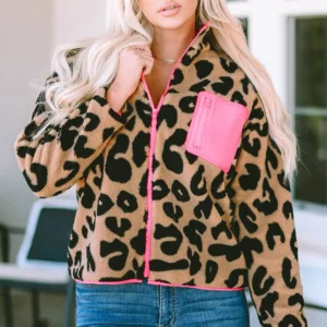 Eye-Catching Leopard Colorblock Fuzzy Fleece Jacket