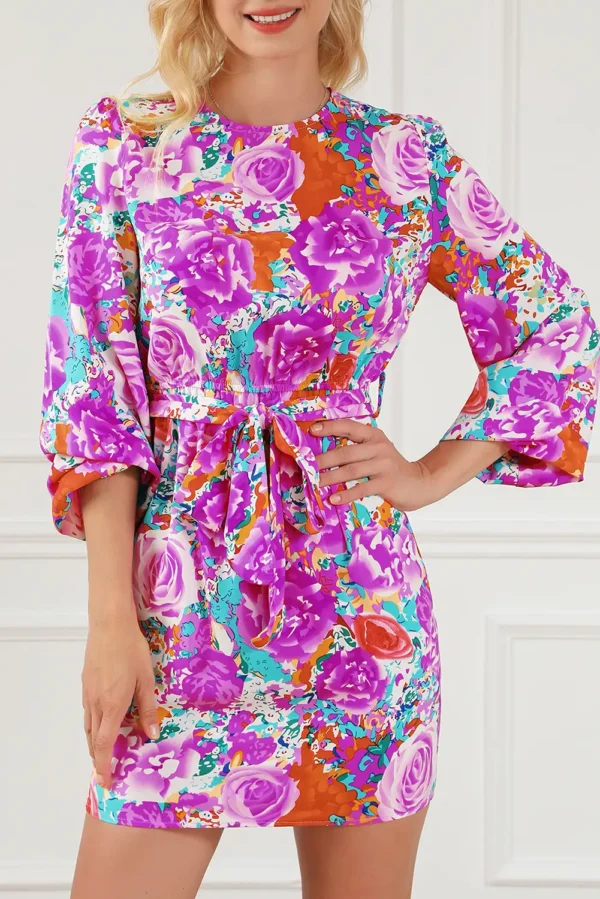 Elegant Purple Floral Long Sleeve Dress