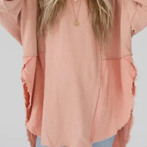 Crinkle Splicing Raw Hem Pink Blouse