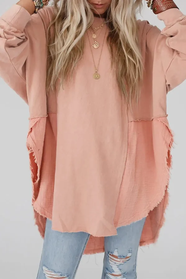 Crinkle Splicing Raw Hem Pink Blouse