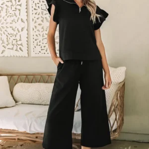 Black Flutter Sleeve Top and Wide Leg Pants Summer Casual Two Piece Set for Effortless Chic Style