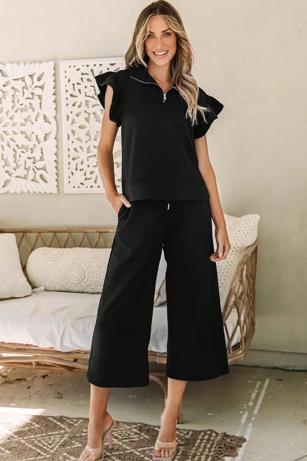 Black Flutter Sleeve Top & Wide Leg Pants Set