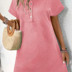 Peach Blossom Textured A-Line Mini Dress with Shirt Collar and Pockets