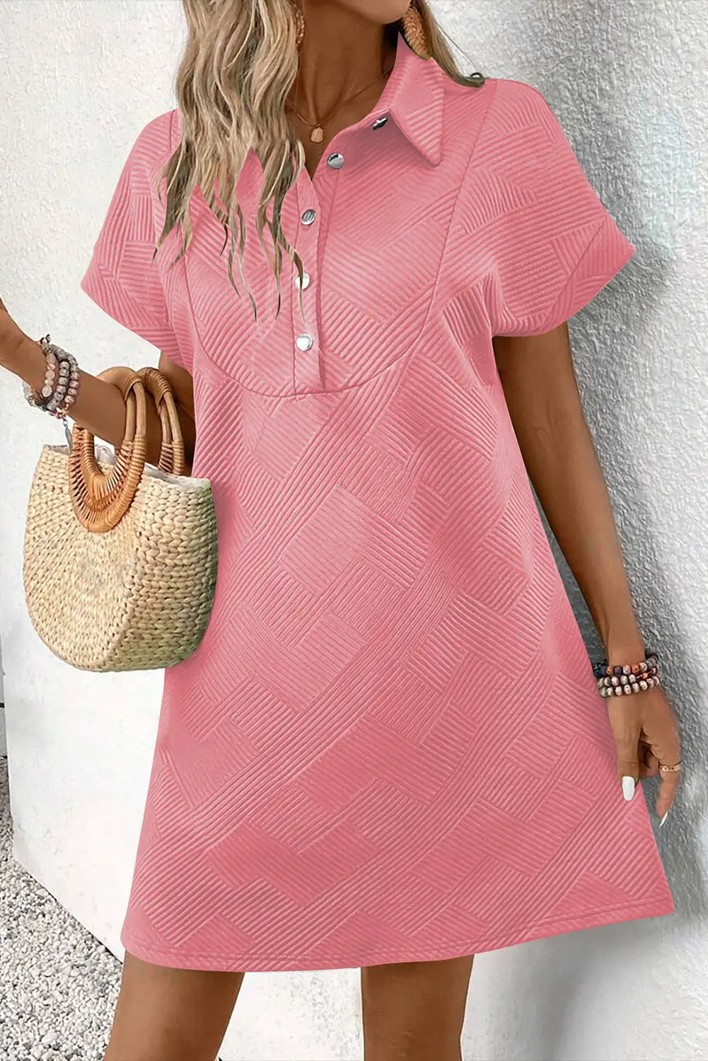 Peach Blossom Textured A-Line Mini Dress with Shirt Collar and Pockets