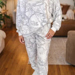 Gray Camouflage Stand-Neck Long-Sleeve Plus Size Loungewear Set