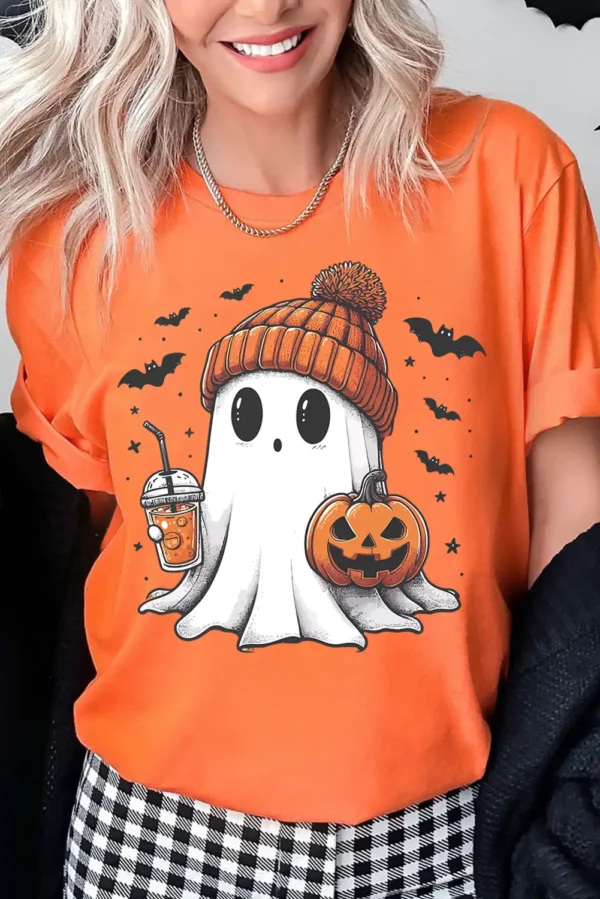 Adorable Halloween Tee - Orange Cute Ghost Pumpkin Face