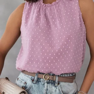 Pink Swiss Dot Sleeveless Ruffle Tank – Casual Chic
