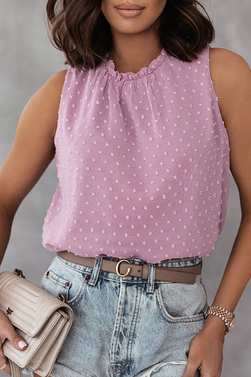 Pink Swiss Dot Sleeveless Ruffle Tank – Casual Chic