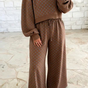 Brown Polka Dot Round-Neck Plus Size Loungewear Set