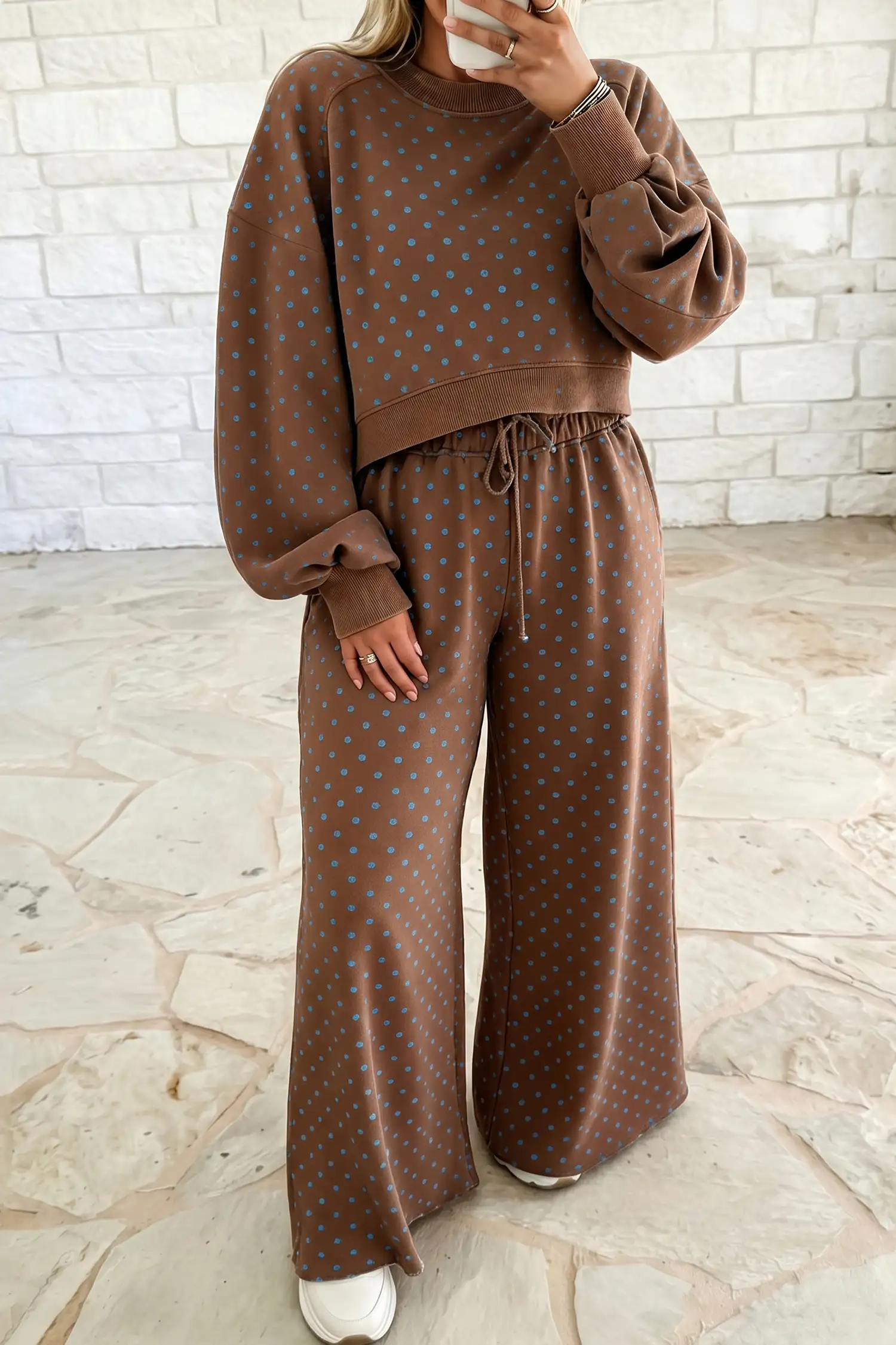Brown Polka Dot Round-Neck Plus Size Loungewear Set