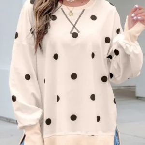 Beige Polka Dot Oversized Long Sleeve Pullover with Split Hem