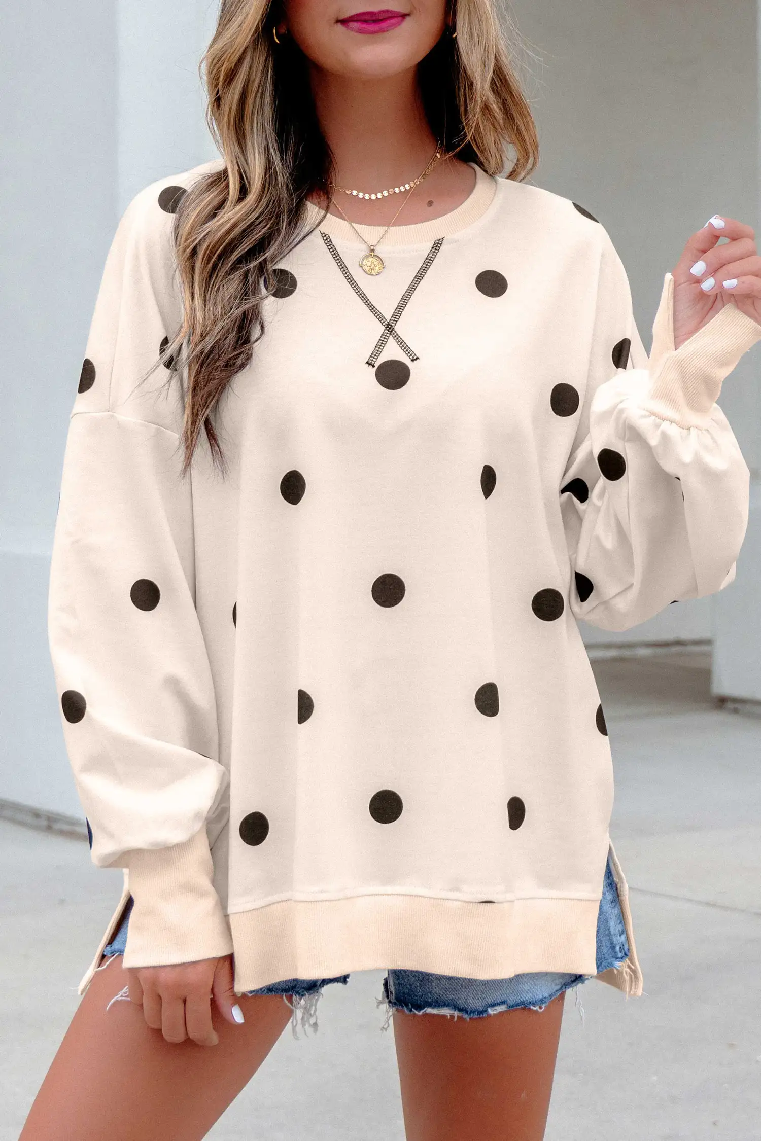 Beige Polka Dot Oversized Long Sleeve Pullover with Split Hem