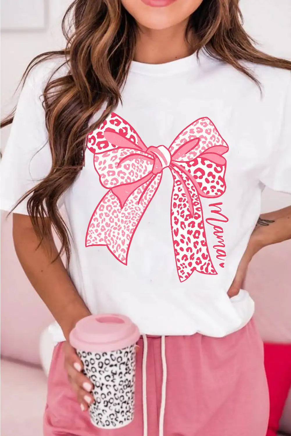 White Leopard Bow Graphic T-Shirt