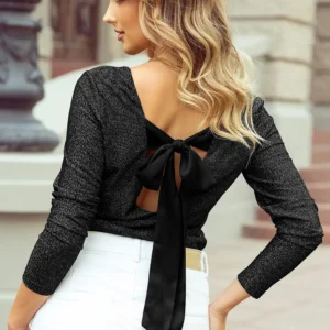 Elegant Black Metallic Bowknot V Neck Top with Open Back for Fall and Autumn Long Sleeve Fashion