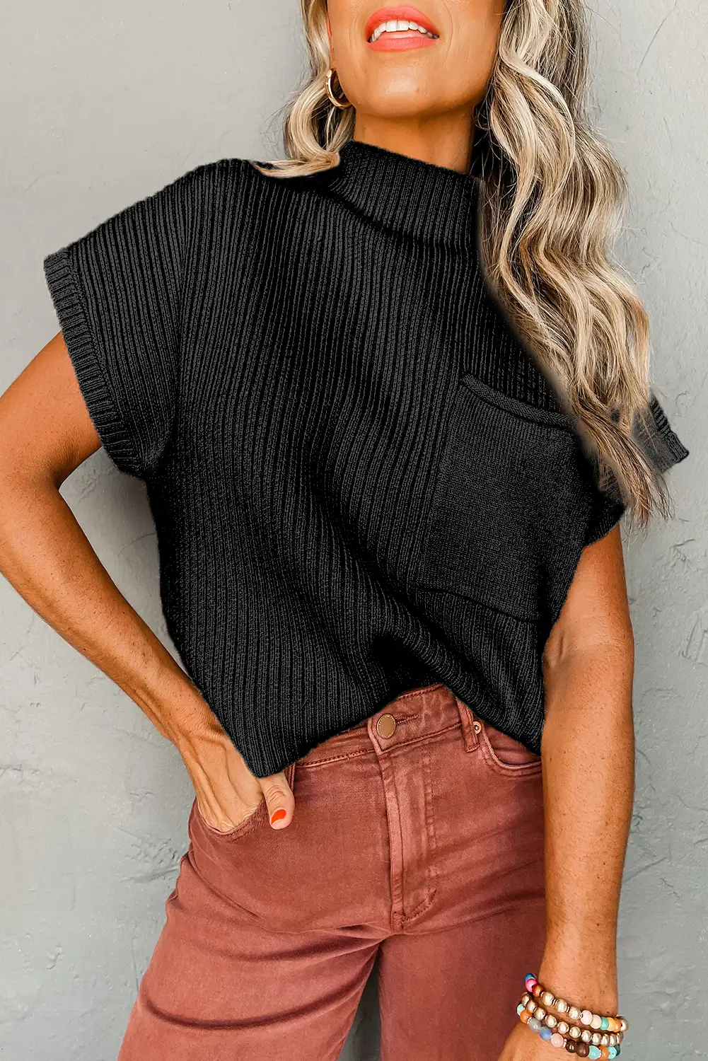 Cozy Black Ribbed Short Sleeve Sweater