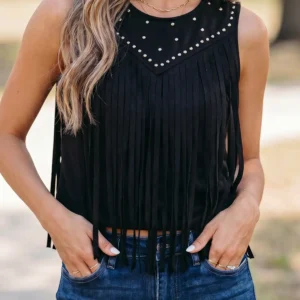 Black Western Fringe Rivet Panel Tank Top