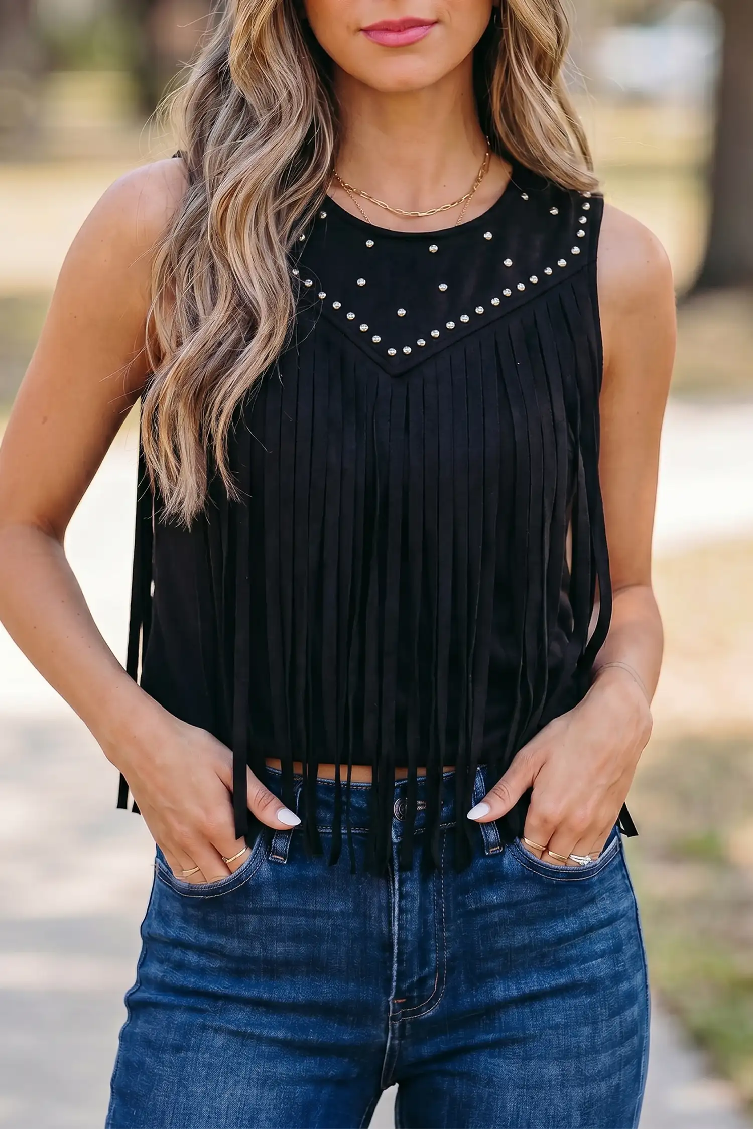 Black Western Fringe Rivet Panel Tank Top