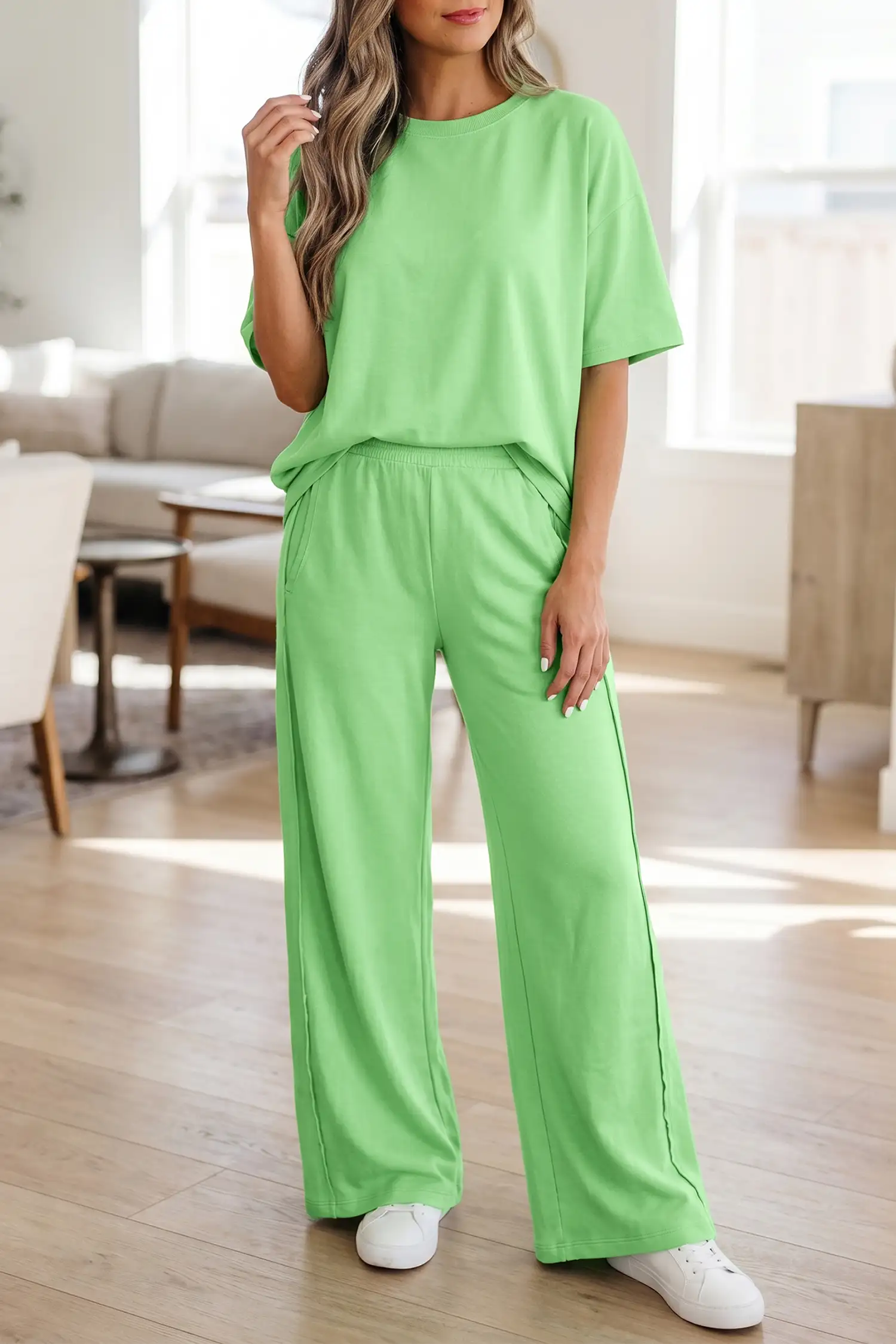 Green Solid Oversize Tee & Pocketed Wide-Leg Pants 2-Piece Set