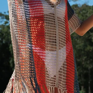 Colorful Striped Tassel Crochet Beach Cover Up