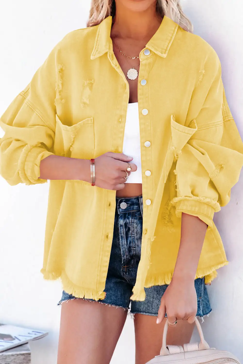 Fringe Trim Yellow Denim Jacket