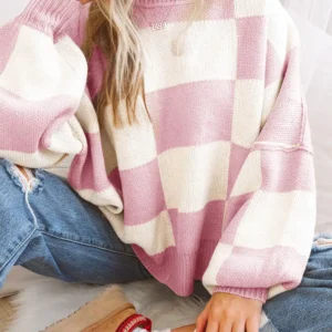the pink checkered sweater — Cozy Pink Checkered Bishop Sleeve Sweater for Stylish Fall Looks