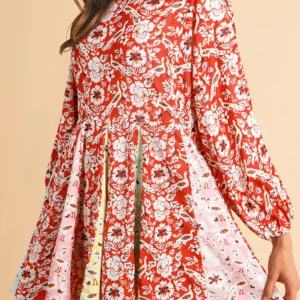Red Floral Patchwork Boho Pleated Mini Dress