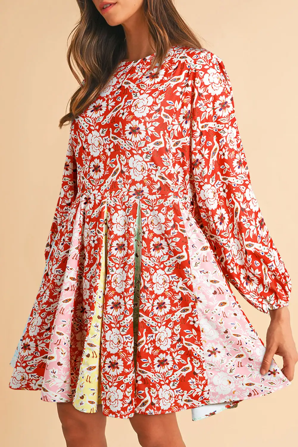 red floral mini dress — Red Floral Patchwork Boho Pleated Mini Dress