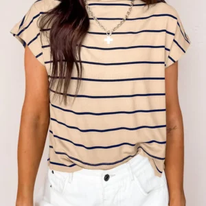 Khaki Stripe Mock Neck Short Sleeve Top