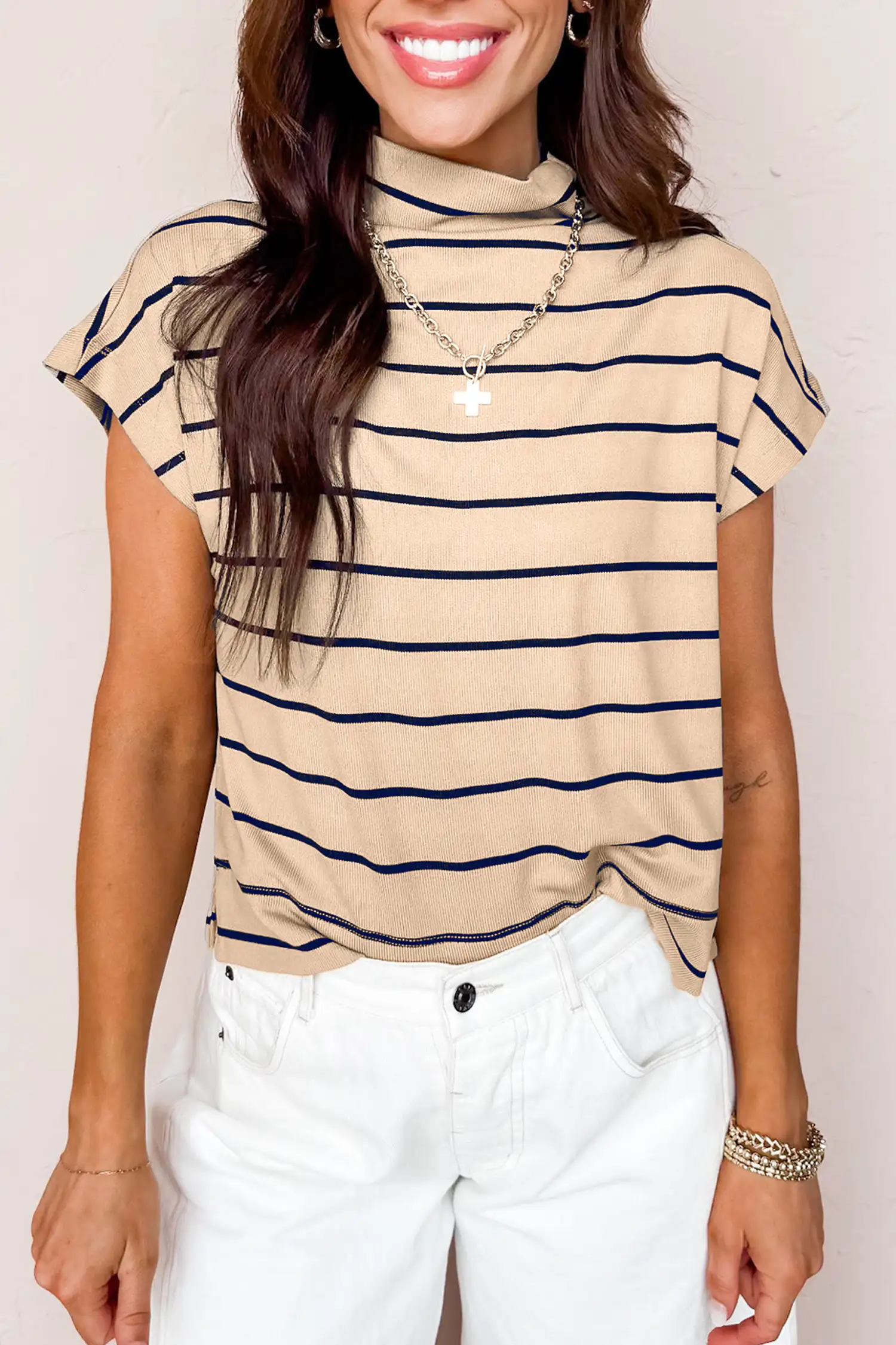 Khaki Stripe Mock Neck Short Sleeve Top