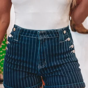 Blue Stripe Denim Shorts — High-Waist with Metal Button Detail