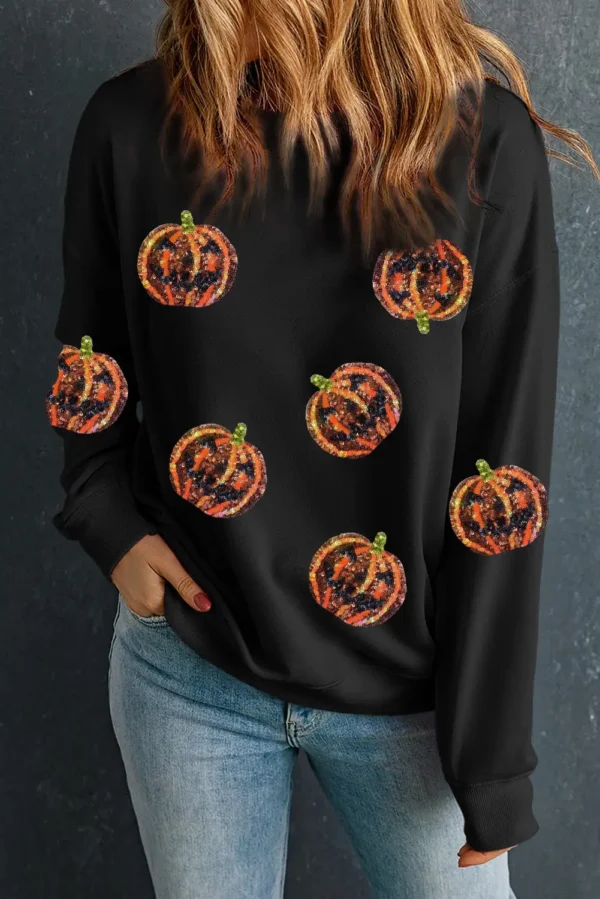 Black Sequin Halloween Pumpkin Sweatshirt