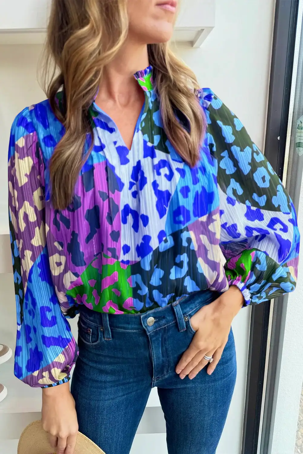 Sky Blue Leopard Pleated Blouse