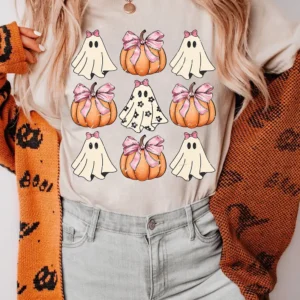 Unique Khaki Ghost Pumpkin Halloween Graphic T Shirt for Casual Summer Celebrations