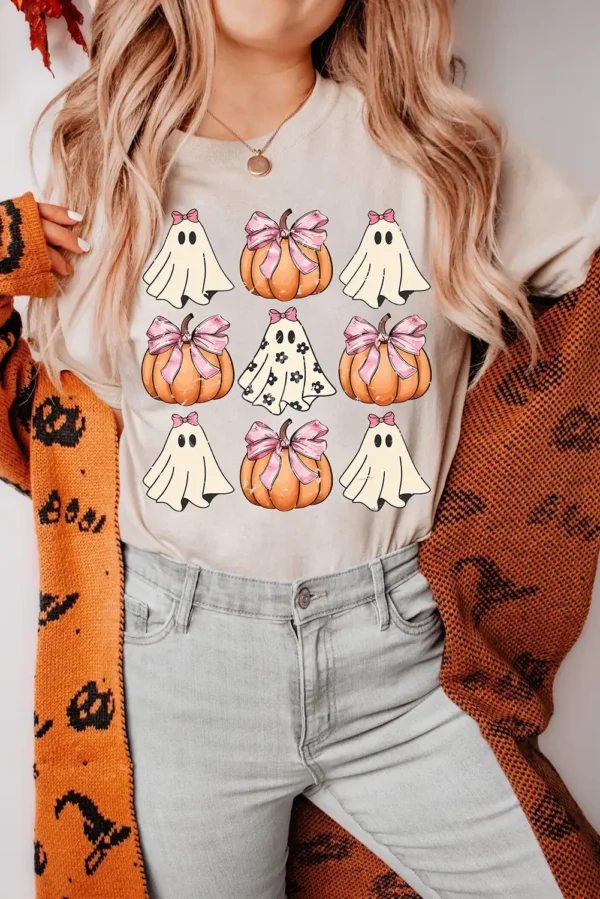 Khaki Ghost Pumpkin Graphic Halloween T Shirt