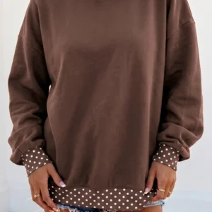Brown Colorblock Polka Dot Oversized Sweatshirt with Patchwork Collar & Cuffs
