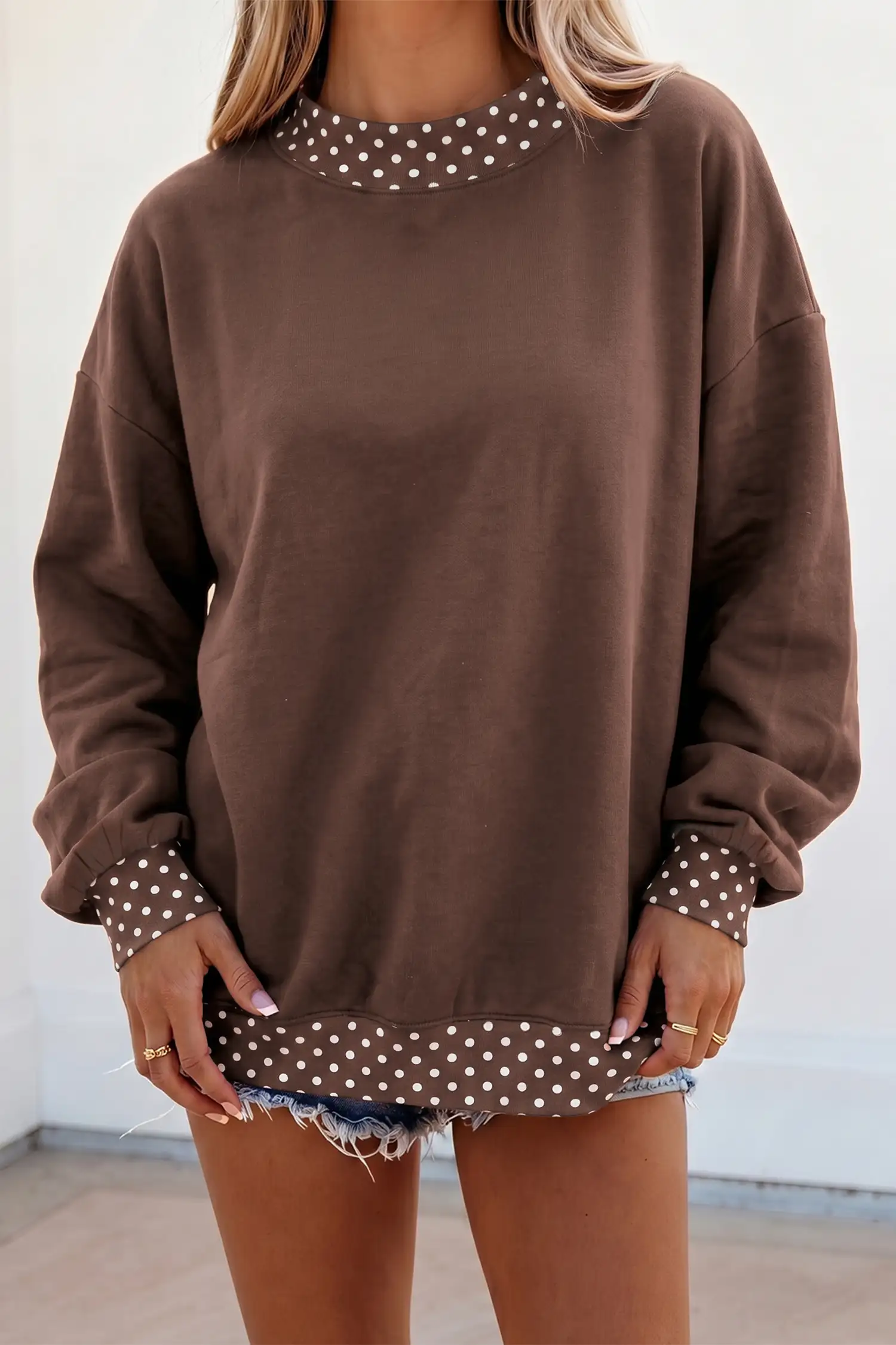 Brown Colorblock Polka Dot Oversized Sweatshirt with Patchwork Collar & Cuffs