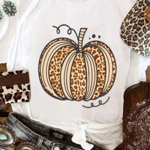 Leopard Print Pumpkin Graphic Crewneck T-shirt for Casual Summer Style Fashion