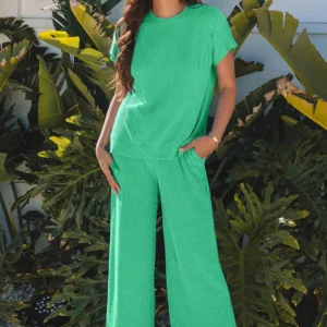 Bright Green Corded Knit Short Sleeve Tee & Wide Leg Pants Set