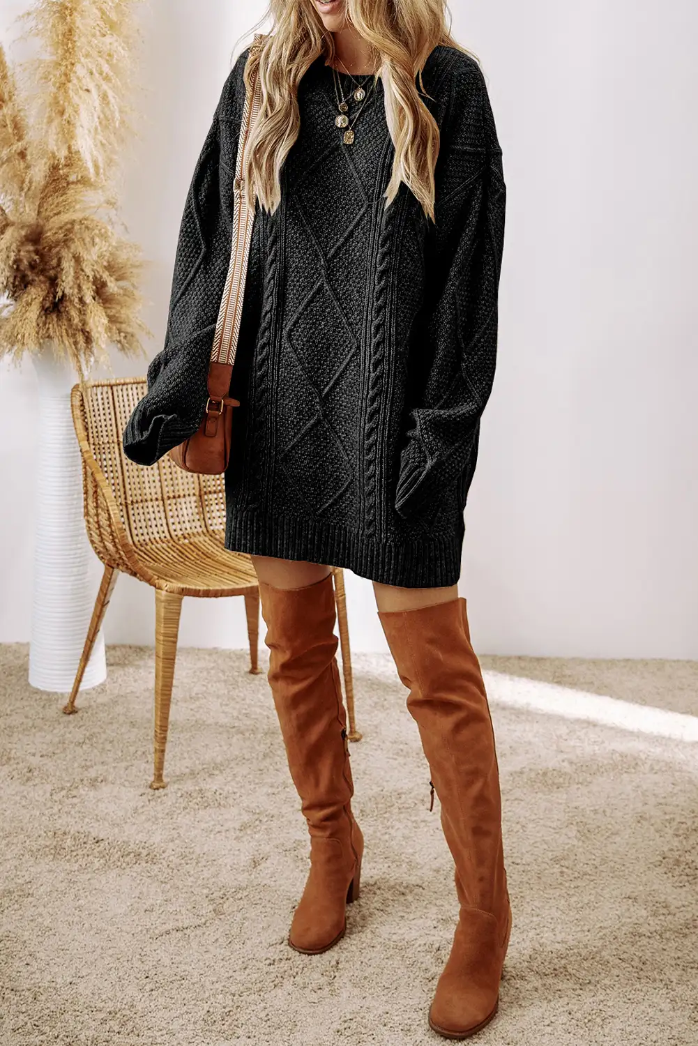 Side view of an easy winter knit in soft natural light