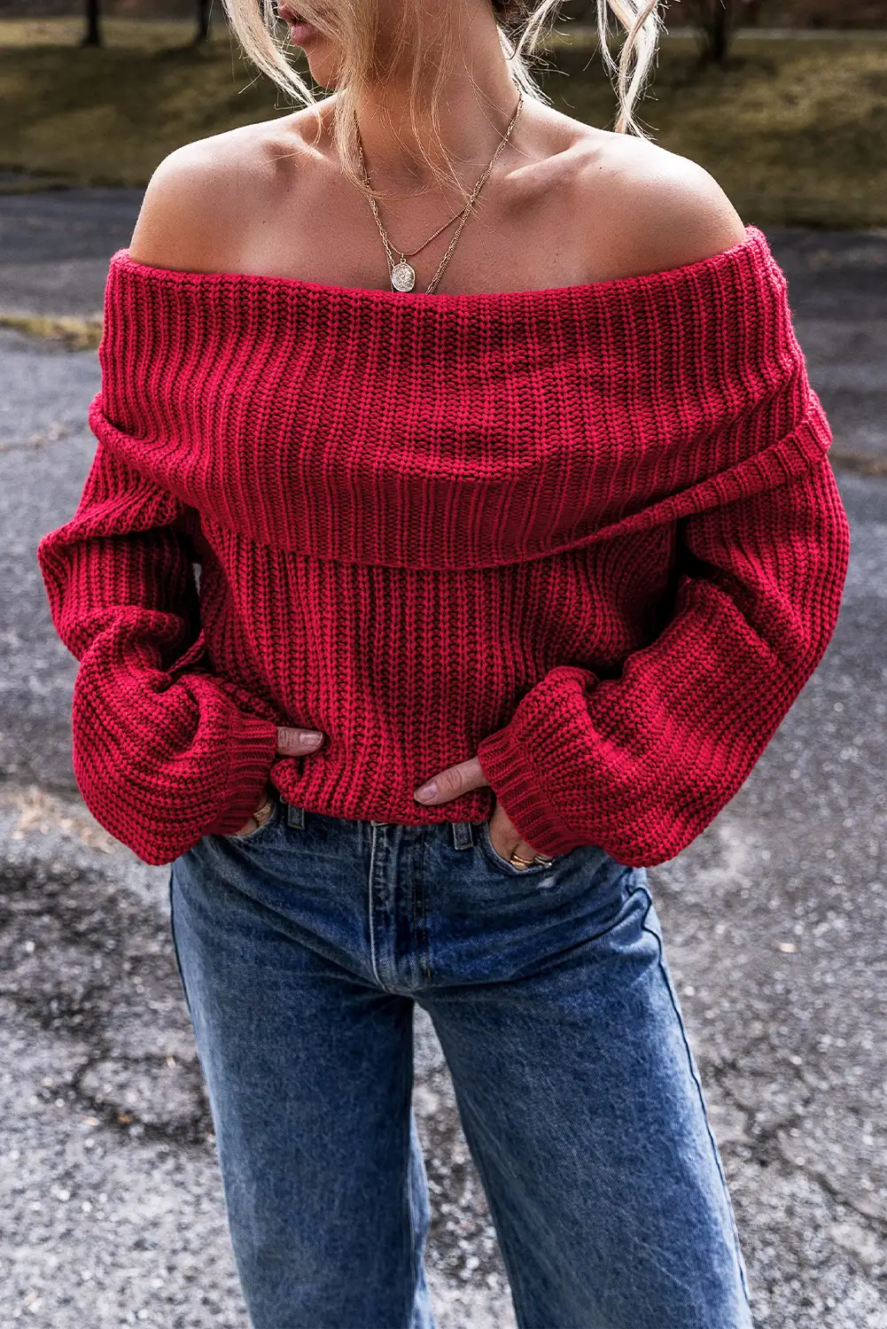 playful off-shoulder knit — Racing Red Off-Shoulder Knit Sweater - Flirty, Casual Slouchy Knit