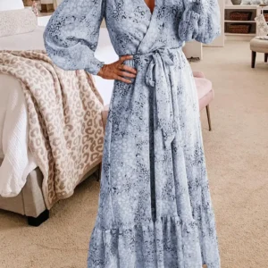 Sky Blue Leopard Print Bubble Sleeve Maxi Dress