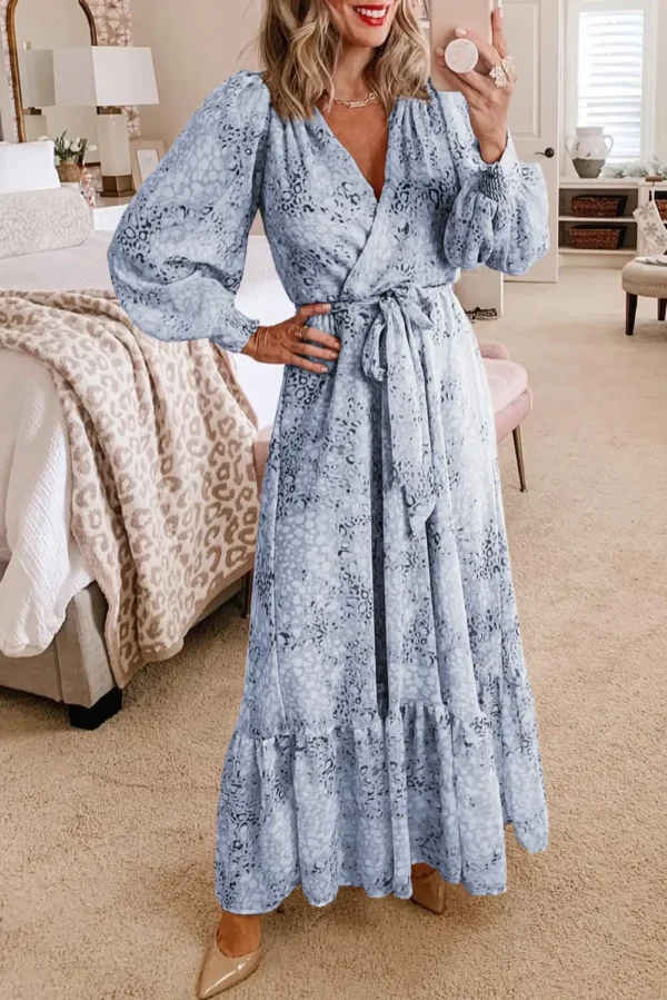 Sky Blue Leopard Print Bubble Sleeve Maxi Dress