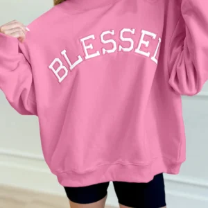 Bright Pink Oversize Blessed Embroidered Mock-Neck Sweatshirt
