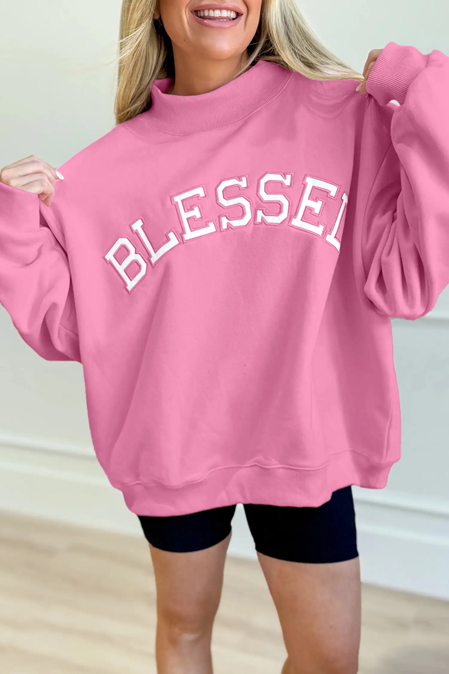 Bright Pink Oversize Blessed Embroidered Mock-Neck Sweatshirt