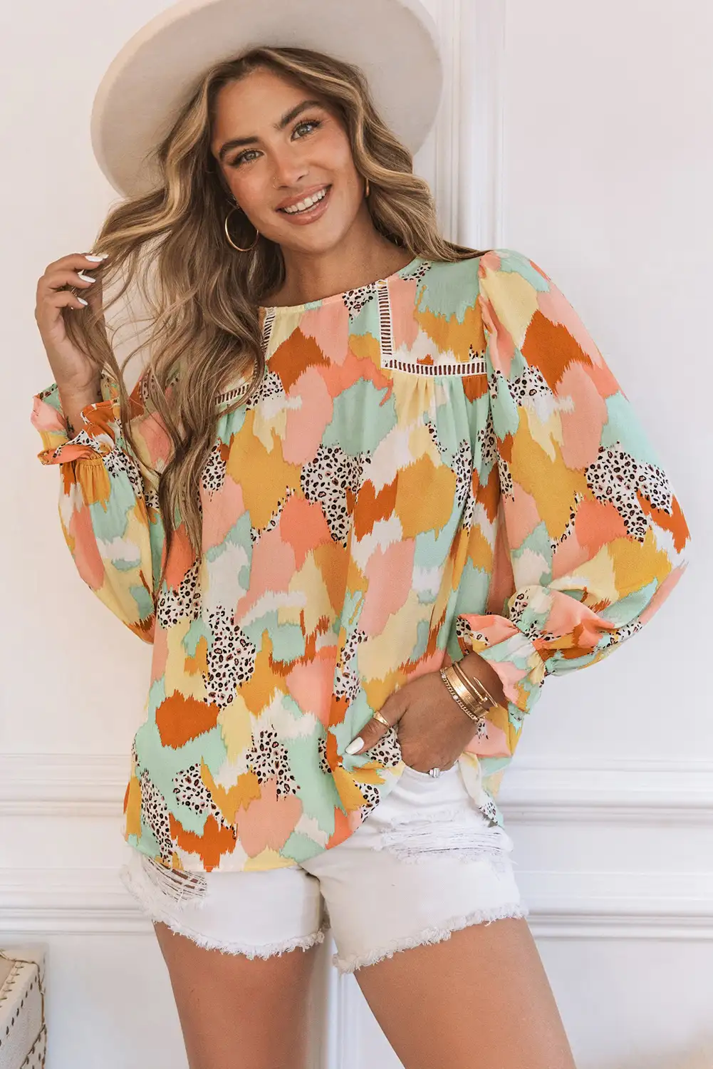 Abstract Pink Long Sleeve Blouse
