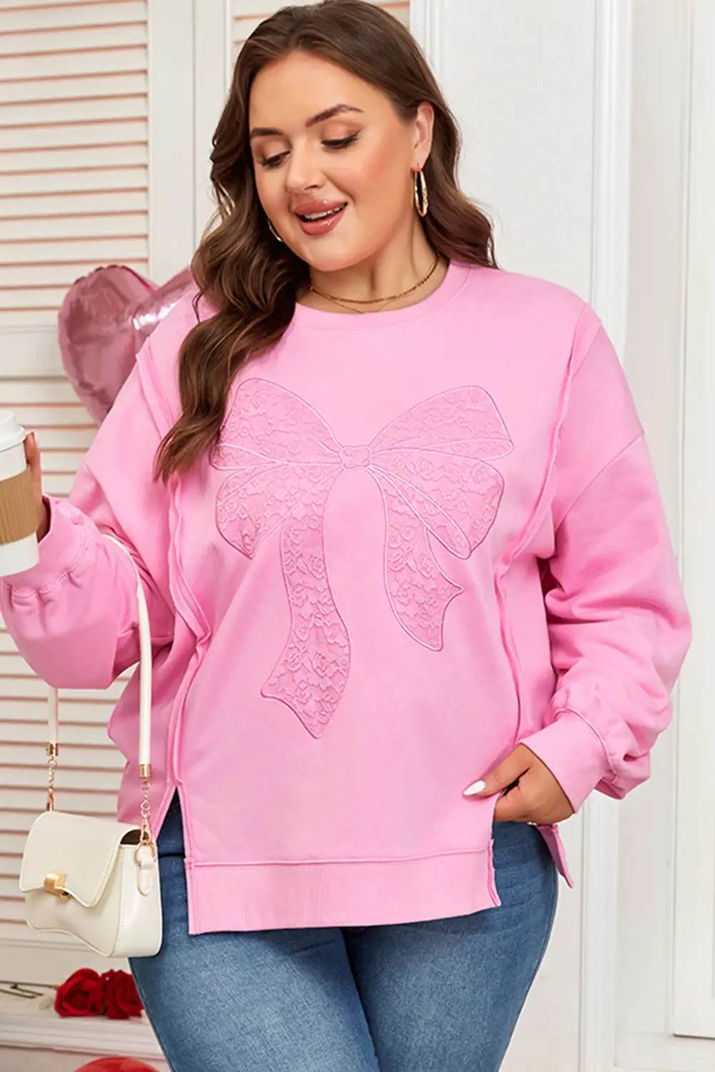 Pink Lace Bow Dolman Sweatshirt – Plus Size