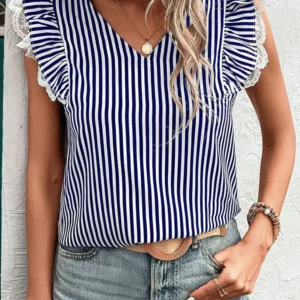 Blue Stripe Lace Trim V-Neck Ruffle Tank