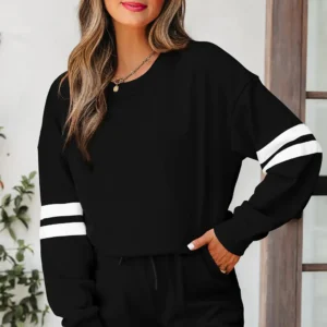 Black Varsity Stripe Drop-Shoulder Sweatshirt & Shorts Set