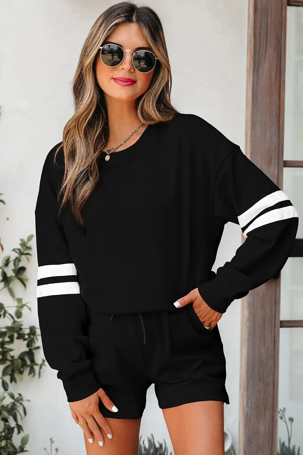 Black Varsity Stripe Drop-Shoulder Sweatshirt & Shorts Set