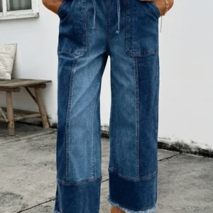 Prussian Blue Drawstring Wide-Leg Denim Pants with Raw Hem